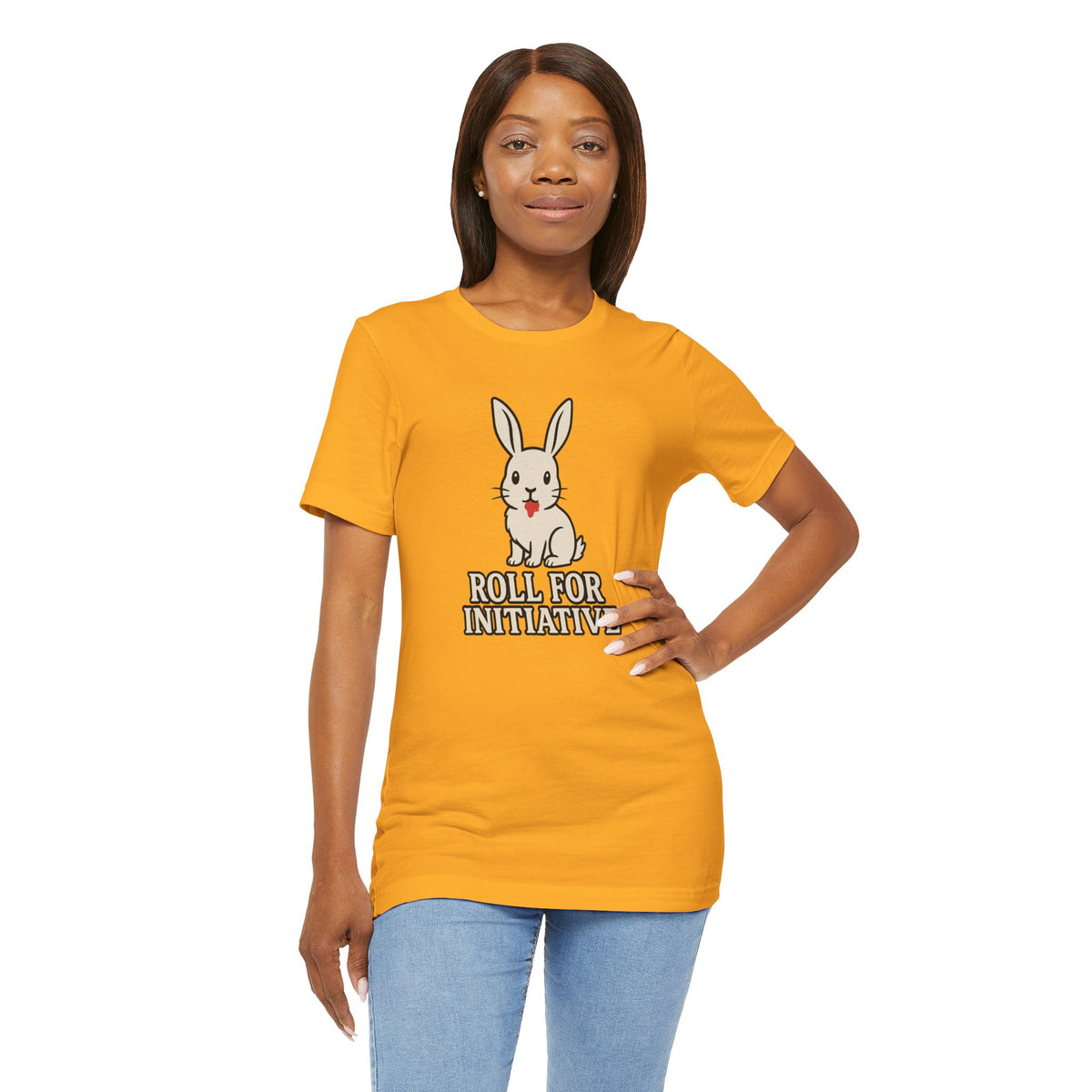 Orange crew-neck T-shirt with bunny graphic and "ROLL FOR INITIATIVE" text