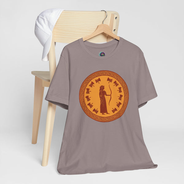 Pebble brown T-shirt with orange circular myth graphic and small rainbow logo at neck