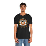 Black Pumpkin Spice recruitment committee T-shirt with front circular graphic, crew neck