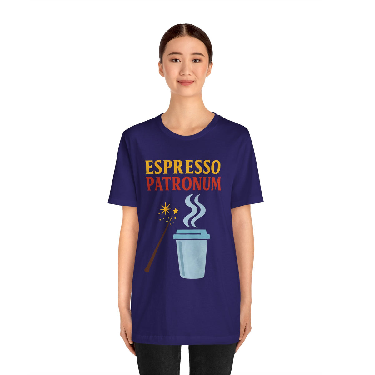 Navy short-sleeve t-shirt with “ESPRESSO PATRONUM” graphic and coffee cup illustration