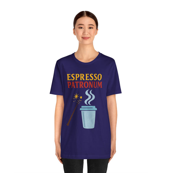 Navy short-sleeve t-shirt with “ESPRESSO PATRONUM” graphic and coffee cup illustration