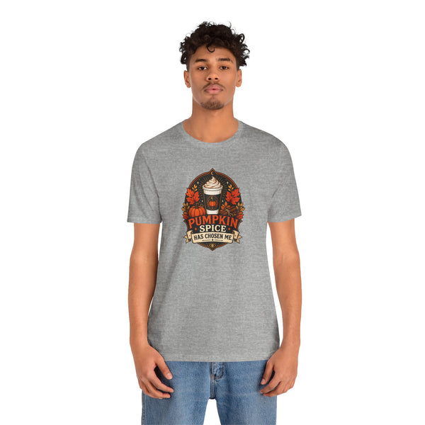 Heather gray crew-neck short-sleeve T-shirt with pumpkin graphic on front