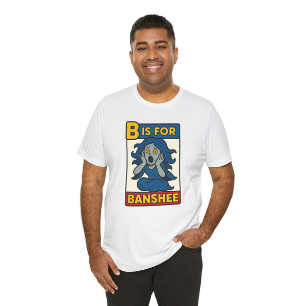 White T-shirt on male model, B is for Banshee ghost graphic in yellow-blue frame