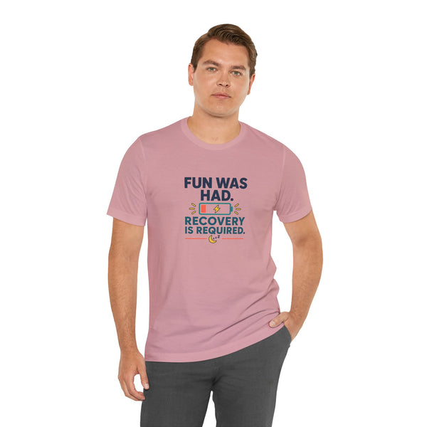 Dusty pink short-sleeve T-shirt with multicolor “Recovery is required” graphic