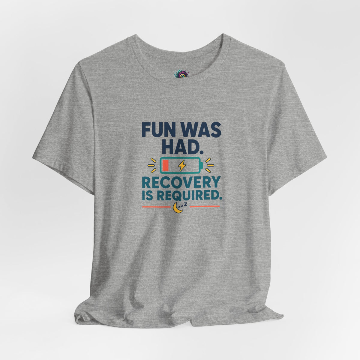 Heather gray crew-neck t-shirt with colorful social battery slogan graphic.