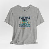 Heather gray crew-neck t-shirt with colorful social battery slogan graphic.