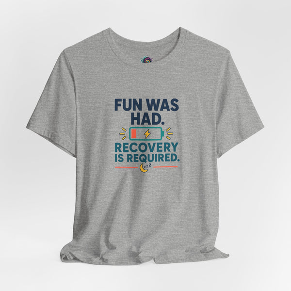 Heather gray crew-neck t-shirt with colorful social battery slogan graphic.