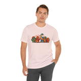 Pink short-sleeve dinosaur Valentine T-shirt with colorful graphic on front