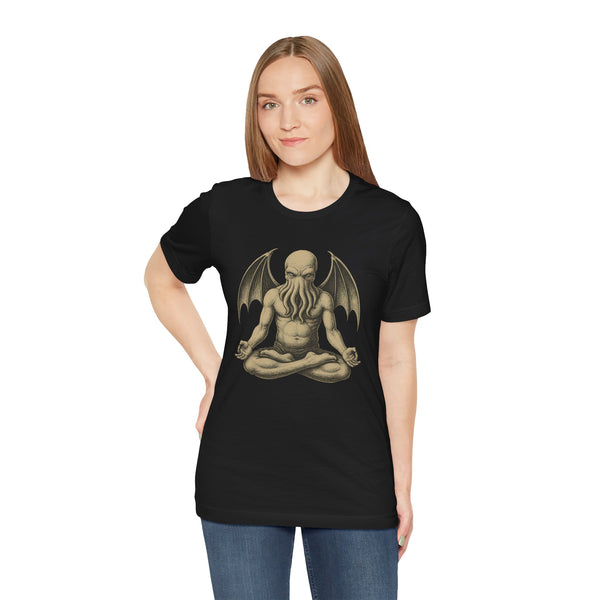 Unisex black T-shirt with gold meditating sea-creature graphic on the chest