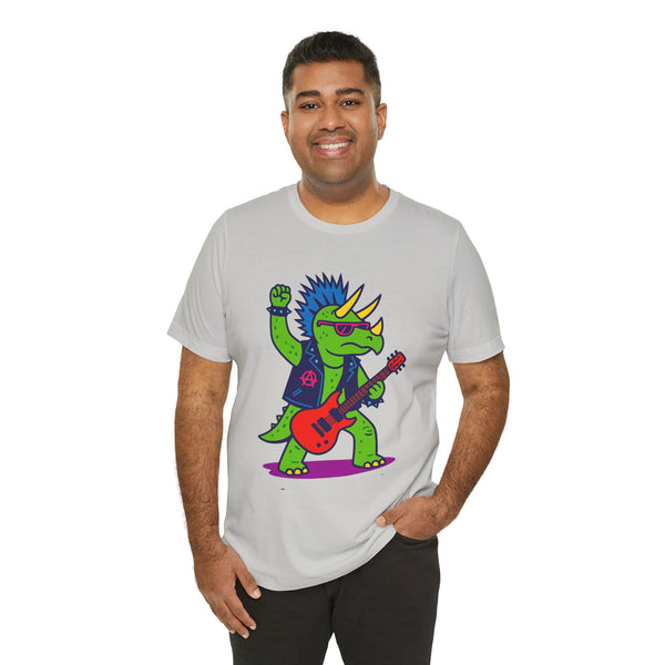 Heather gray T-shirt showing punk triceratops with red electric guitar graphic