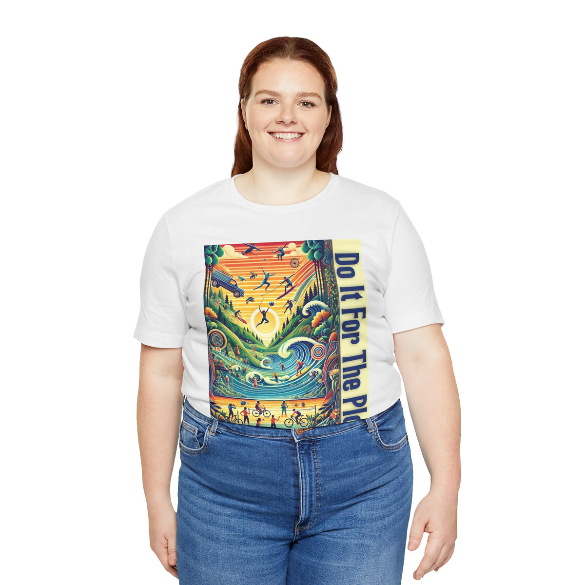 White crew-neck graphic t-shirt with vertical “Do It For The Plot” poster-style print