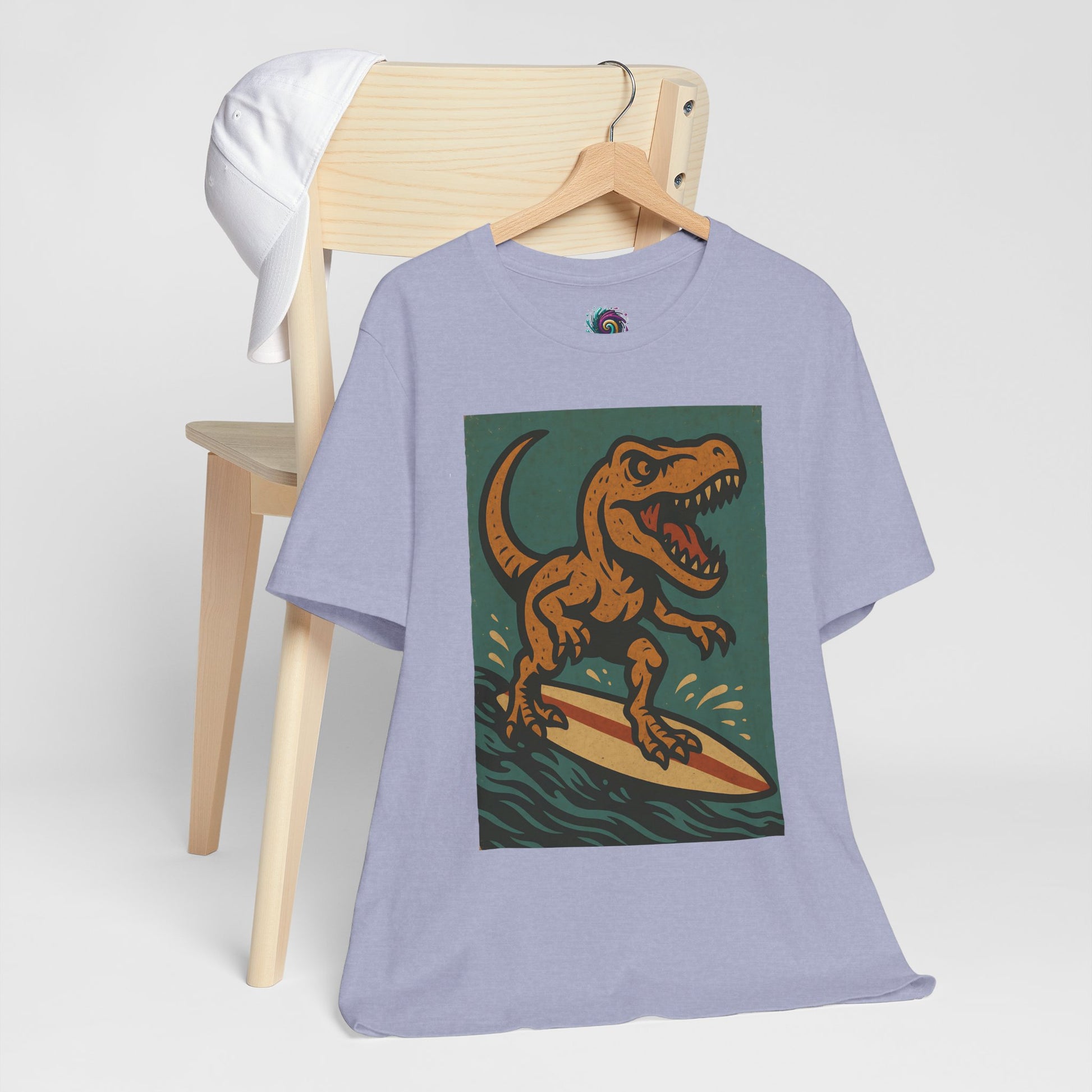 Surfing T-Rex T-Shirt – Funny Dinosaur Graphic Tee for Summer Vibes - WhimSpin - https://whimspin.com