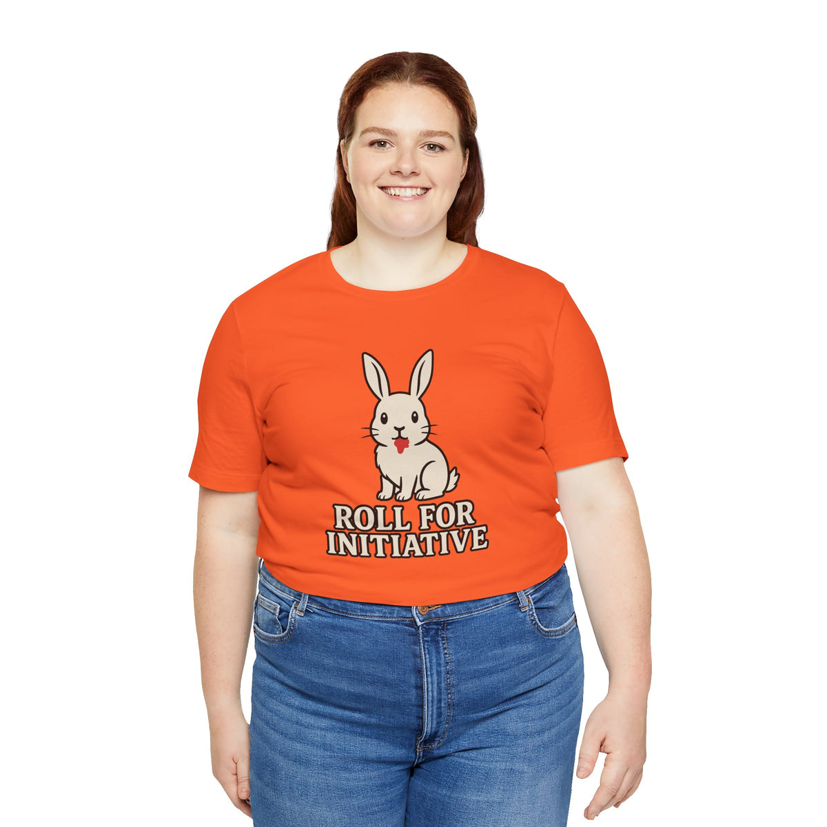 Orange crew-neck t-shirt with white rabbit and “Roll for Initiative” lettering