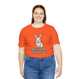 Orange crew-neck t-shirt with white rabbit and “Roll for Initiative” lettering