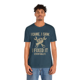Teal crewneck T-shirt with gold “I came, I saw, I fixed it (eventually)” mechanic tools print