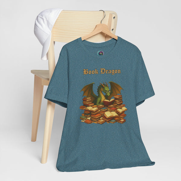 Teal heather t-shirt with Book Dragon graphic and orange lettering on the front