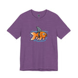 Heather purple T-shirt with cartoon goldfish-and-shark graphic on the chest