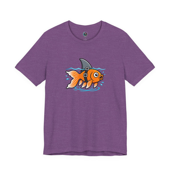 Heather purple T-shirt with cartoon goldfish-and-shark graphic on the chest