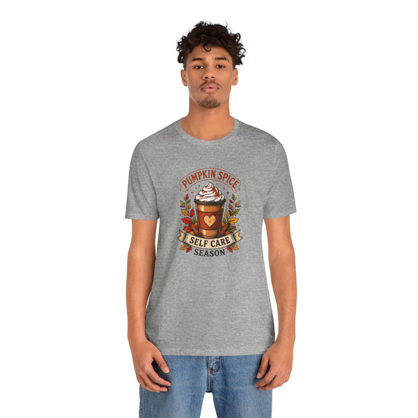 Heather gray crew-neck T-shirt with pumpkin spice self-care coffee graphic, front