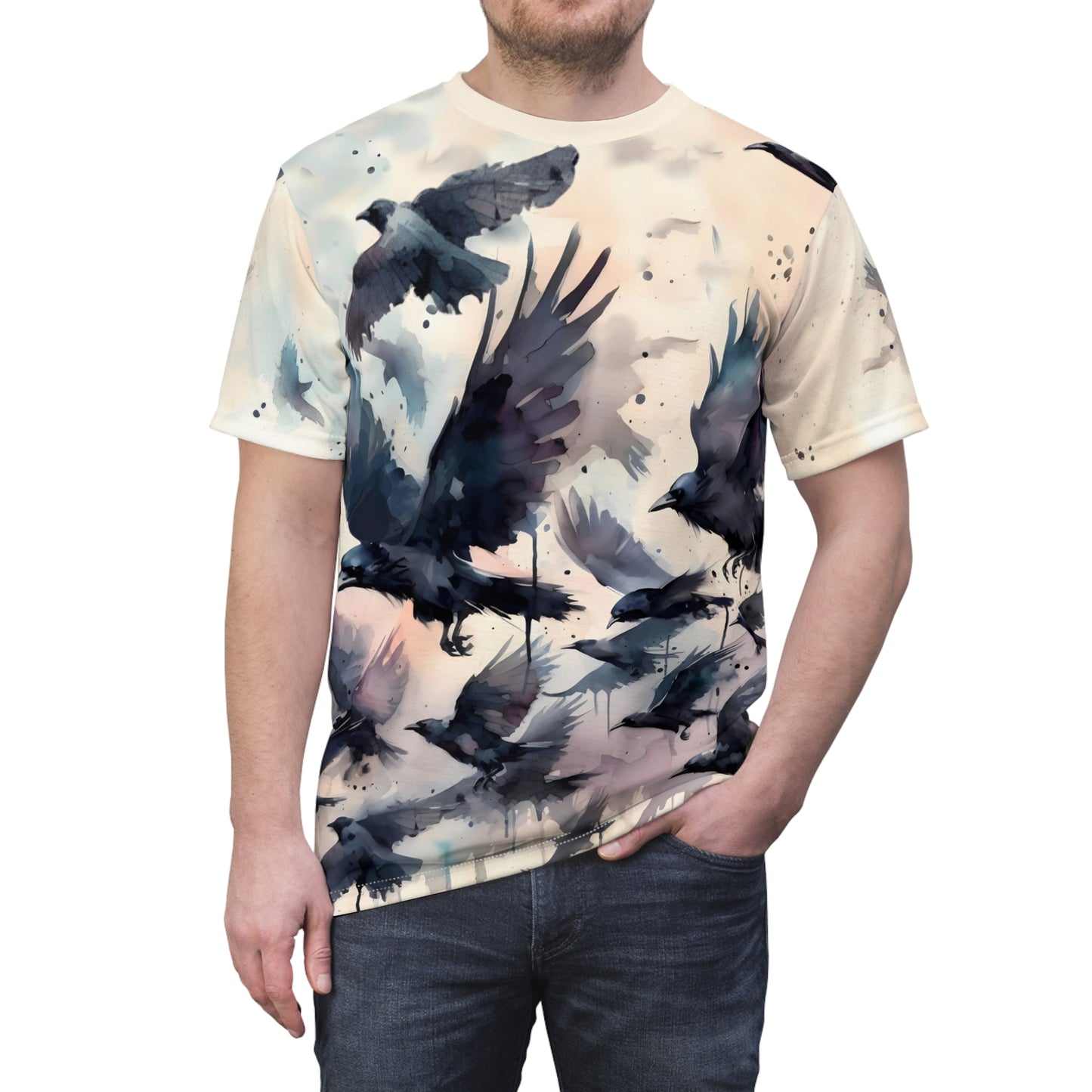 Watercolor Crow Flock T-Shirt – Gothic Raven Flight All-Over Art Tee