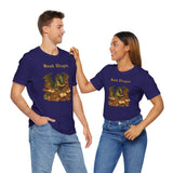 Couple wearing navy short-sleeve t-shirts with dragon and books front graphic