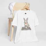 White crew-neck T-shirt with bunny graphic and “ROLL FOR INITIATIVE” text