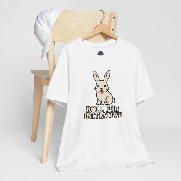 White crew-neck T-shirt with bunny graphic and “ROLL FOR INITIATIVE” text