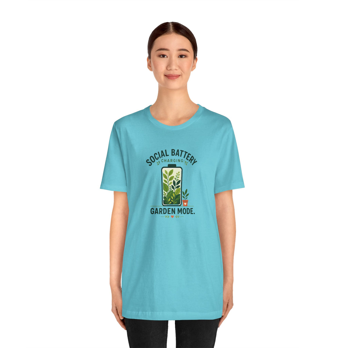 Blue short-sleeve graphic T-shirt featuring “SOCIAL BATTERY” and “GARDEN MODE” front print