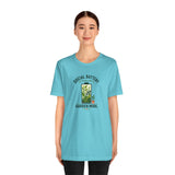 Blue short-sleeve graphic T-shirt featuring “SOCIAL BATTERY” and “GARDEN MODE” front print