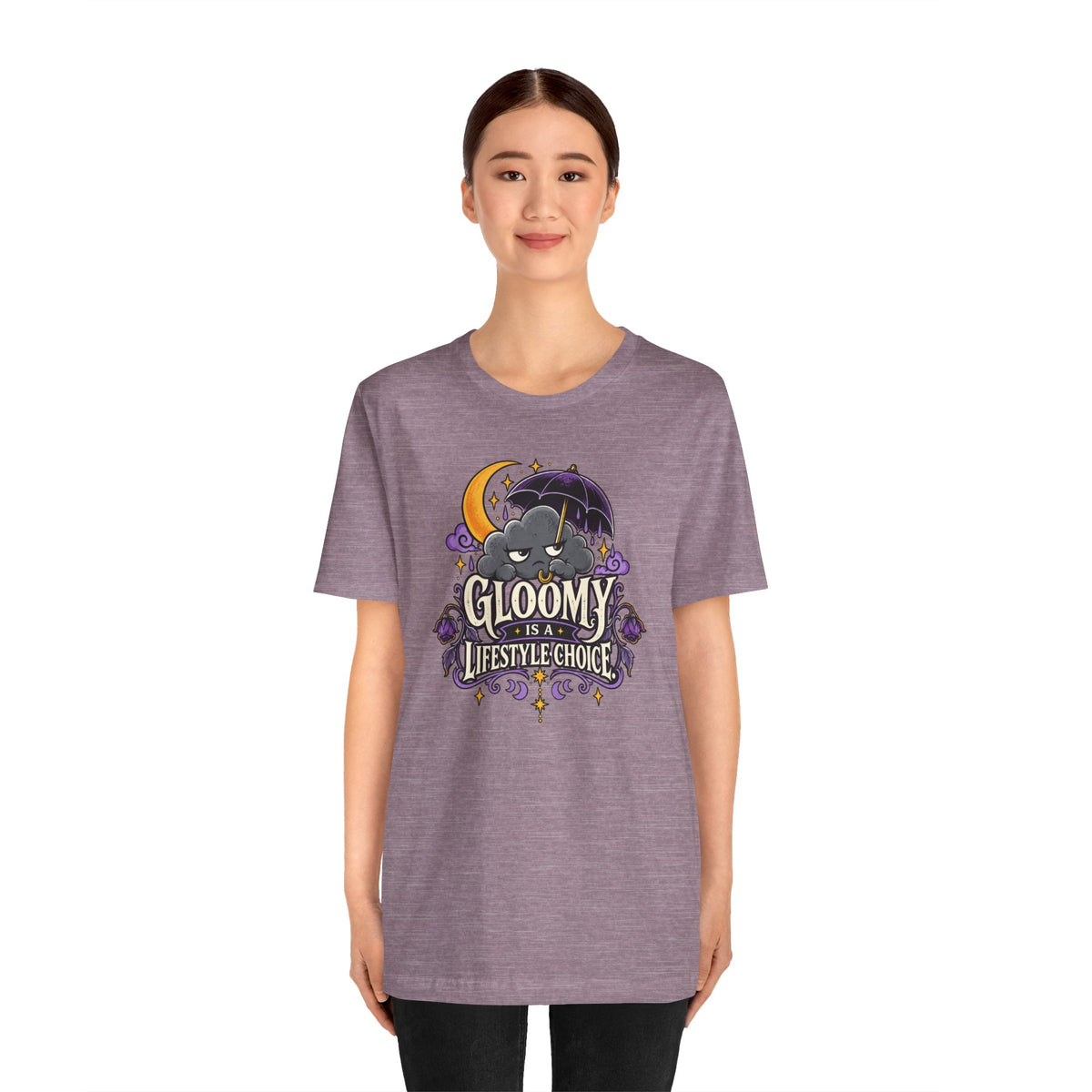 Heather mauve crew-neck graphic t-shirt with bat and 'Gloomy is a lifestyle choice' logo