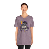 Heather mauve crew-neck graphic t-shirt with bat and 'Gloomy is a lifestyle choice' logo