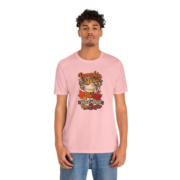 Pink T-shirt with “Pumpkin Spice Has Entered the Chat” fall coffee graphic
