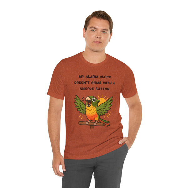 Rust parrot alarm graphic T-shirt showing “MY ALARM CLOCK…SNOOZE BUTTON” slogan.