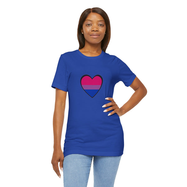 Royal blue T-shirt with center heart bisexual pride flag graphic, worn by woman