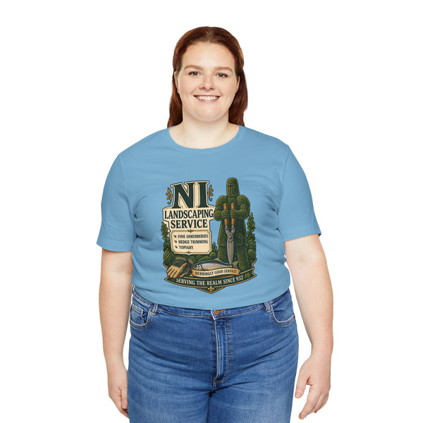 Light blue crewneck T-shirt with green shrub and cactus graphic on front
