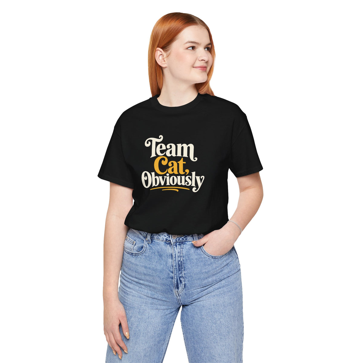 Black crewneck t-shirt with 'Team Cat, Obviously' cat slogan graphic at center