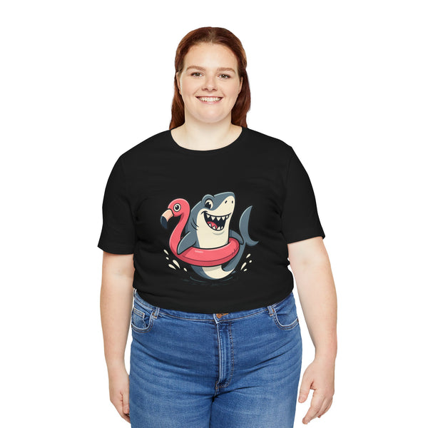 Black T-shirt featuring shark and flamingo floatie front print, crew neck