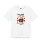 White crew-neck T-shirt with colorful pumpkin-spice coffee graphic on the chest