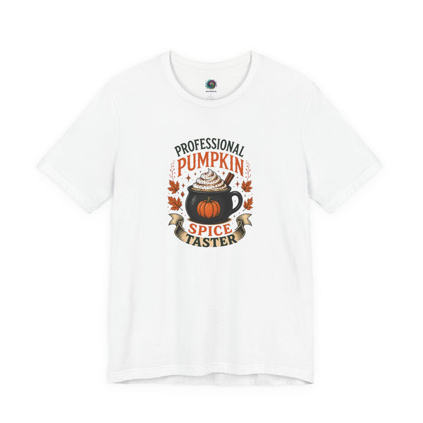 White crew-neck T-shirt with colorful pumpkin-spice coffee graphic on the chest