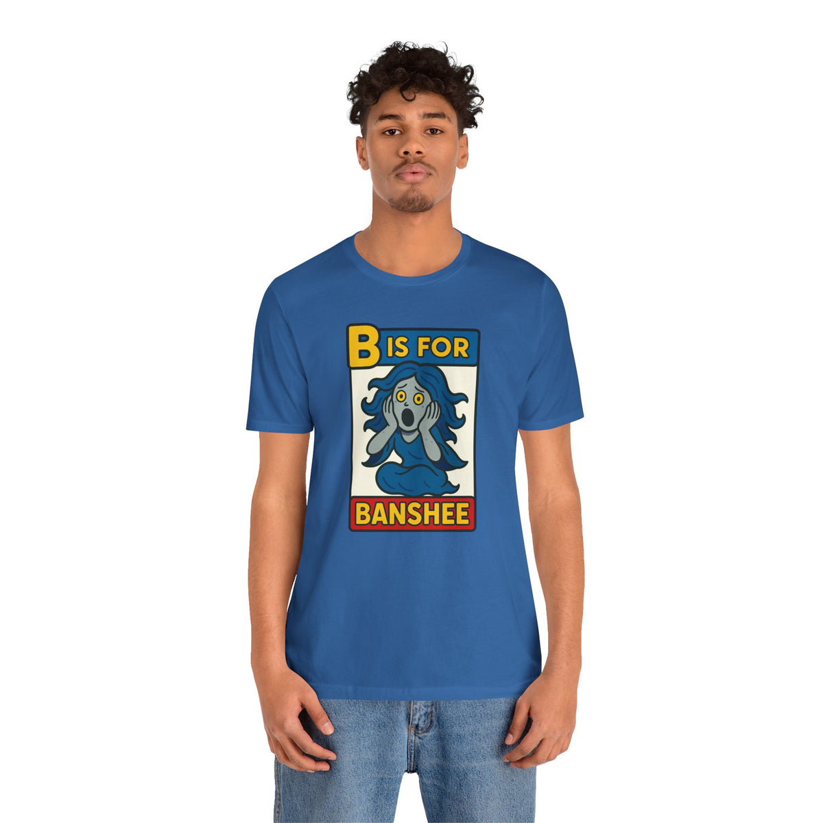 Blue crew-neck T-shirt with 'B is for Banshee' graphic panel, short sleeves
