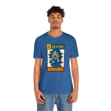Blue crew-neck T-shirt with 'B is for Banshee' graphic panel, short sleeves