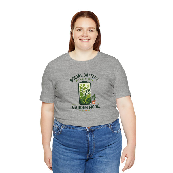 Heather gray crewneck T-shirt with social battery charging garden mode graphic