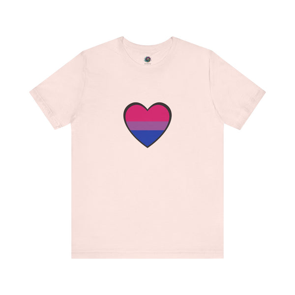 Soft pink bisexual pride heart graphic T-shirt with pink and blue heart design