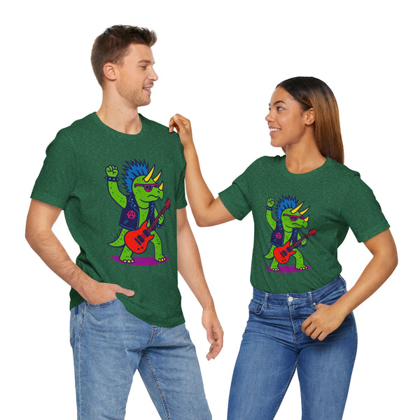 Green crew-neck graphic t-shirt featuring punk triceratops with red electric guitar