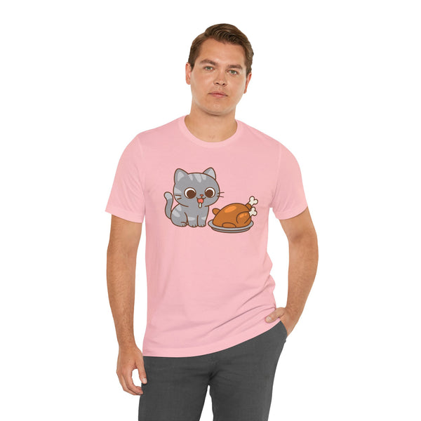 Pink crew-neck T-shirt with gray cat and brown roast graphic, crew neck.