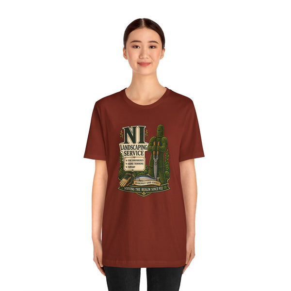 Rust-brown crewneck T-shirt with “NI Landscaping Service” graphic on front