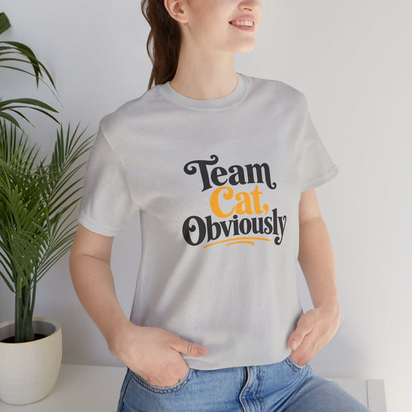 Light gray crew-neck T-shirt with 'Team Cat, Obviously' cat graphic