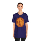 Navy crewneck T-shirt with large circular orange Greek-style figure print on front