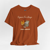Rust orange crew-neck t-shirt with chicken and eggs graphic and “Crack Dealer” text