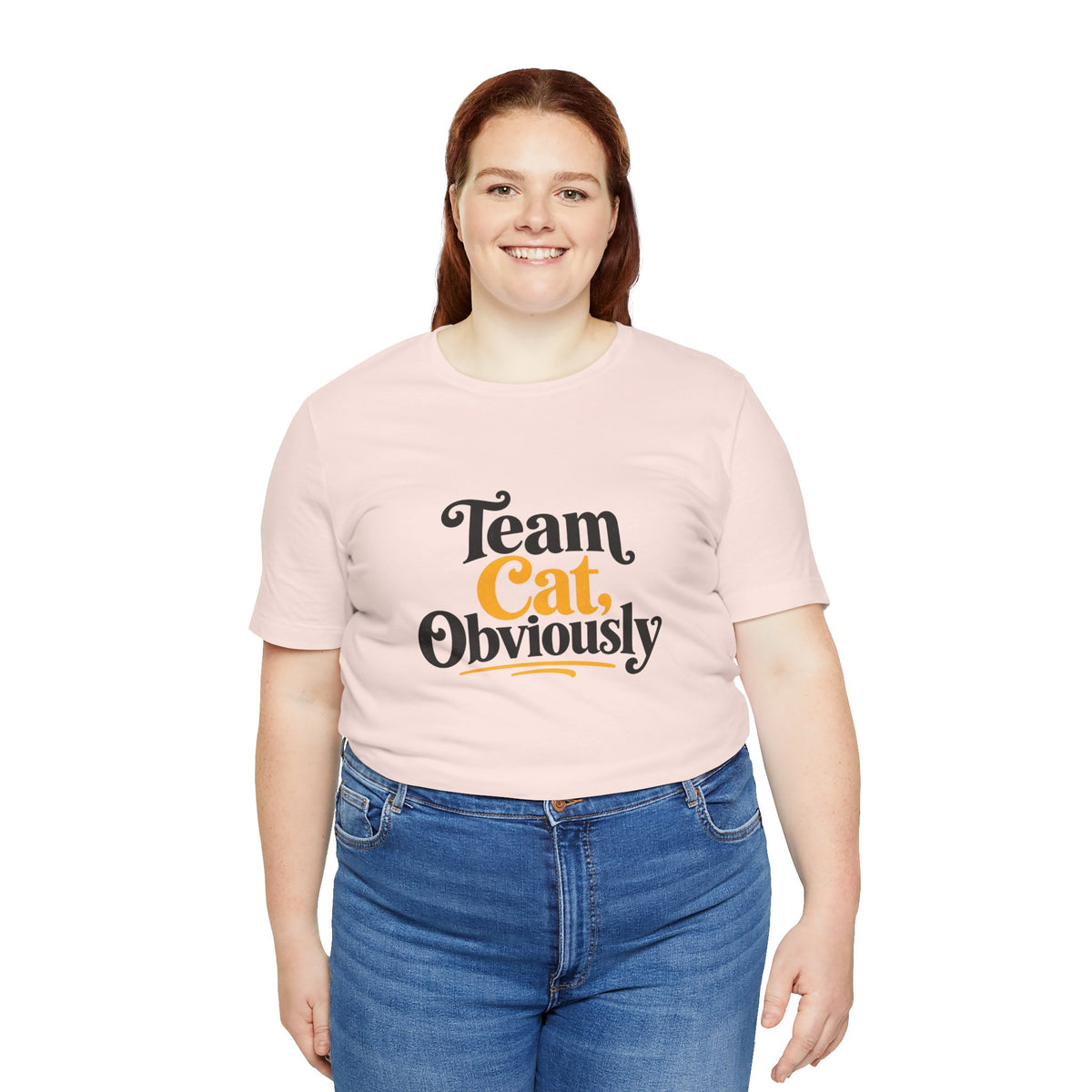 Soft pink crew-neck t-shirt with “Team Cat Obviously” cat graphic print on front